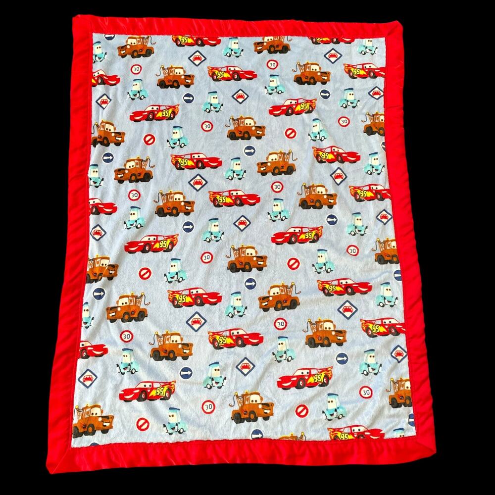 Disney Pixar Cars Fleece Baby Blanket Blue w/ Red Satin Trim Vtg  Lovey Toddler